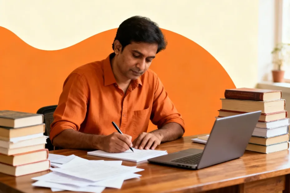 Featured blog post image showing an Indian author writing at a desk surrounded by books, titled '5 Common Mistakes Indian Authors Make When Publishing and How to Avoid Them' with author name Subhash Verma, in warm tones and modern style