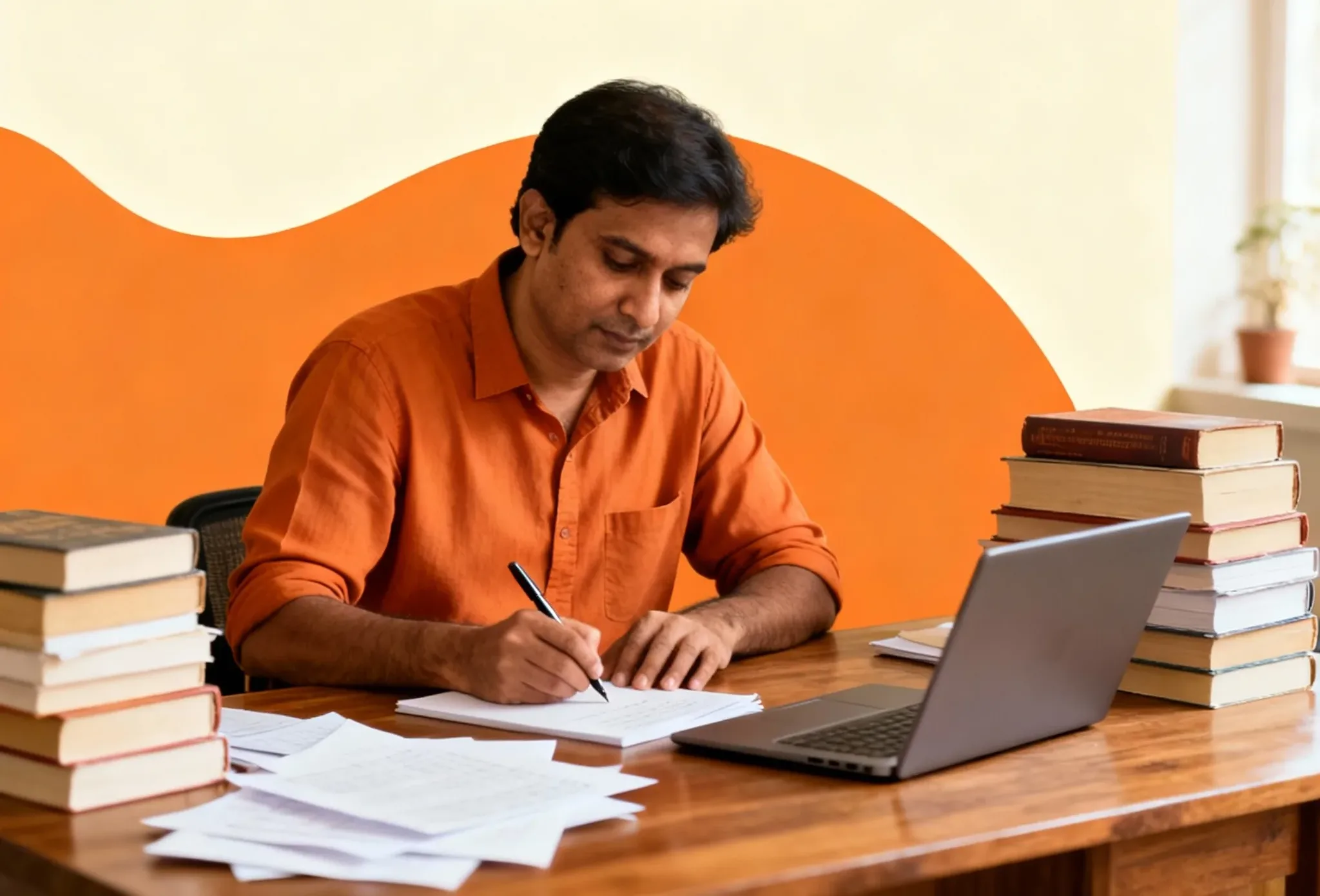 Featured blog post image showing an Indian author writing at a desk surrounded by books, titled '5 Common Mistakes Indian Authors Make When Publishing and How to Avoid Them' with author name Subhash Verma, in warm tones and modern style